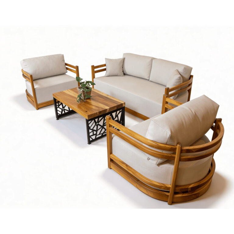 SALA TECA PREMIUM CON COJINERÍA BLANCA <br><i><small style="color:grey;">4 Piezas</i></small>