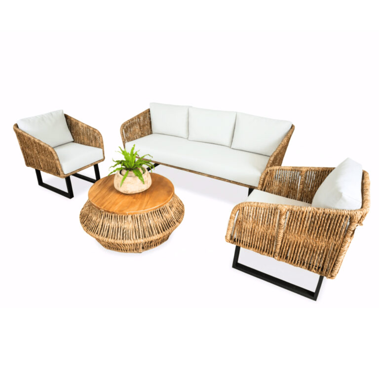 SALA COCÚN TEJIDA CON FIBRA NATURAL CON COJINERÍA BLANCA <br><i><small style="color:grey;">4 Piezas</i></small>