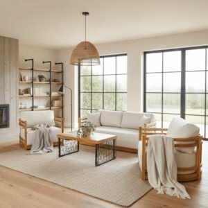 SALA TECA PREMIUM CON COJINERÍA BLANCA <br><i><small style="color:grey;">4 Piezas</i></small>