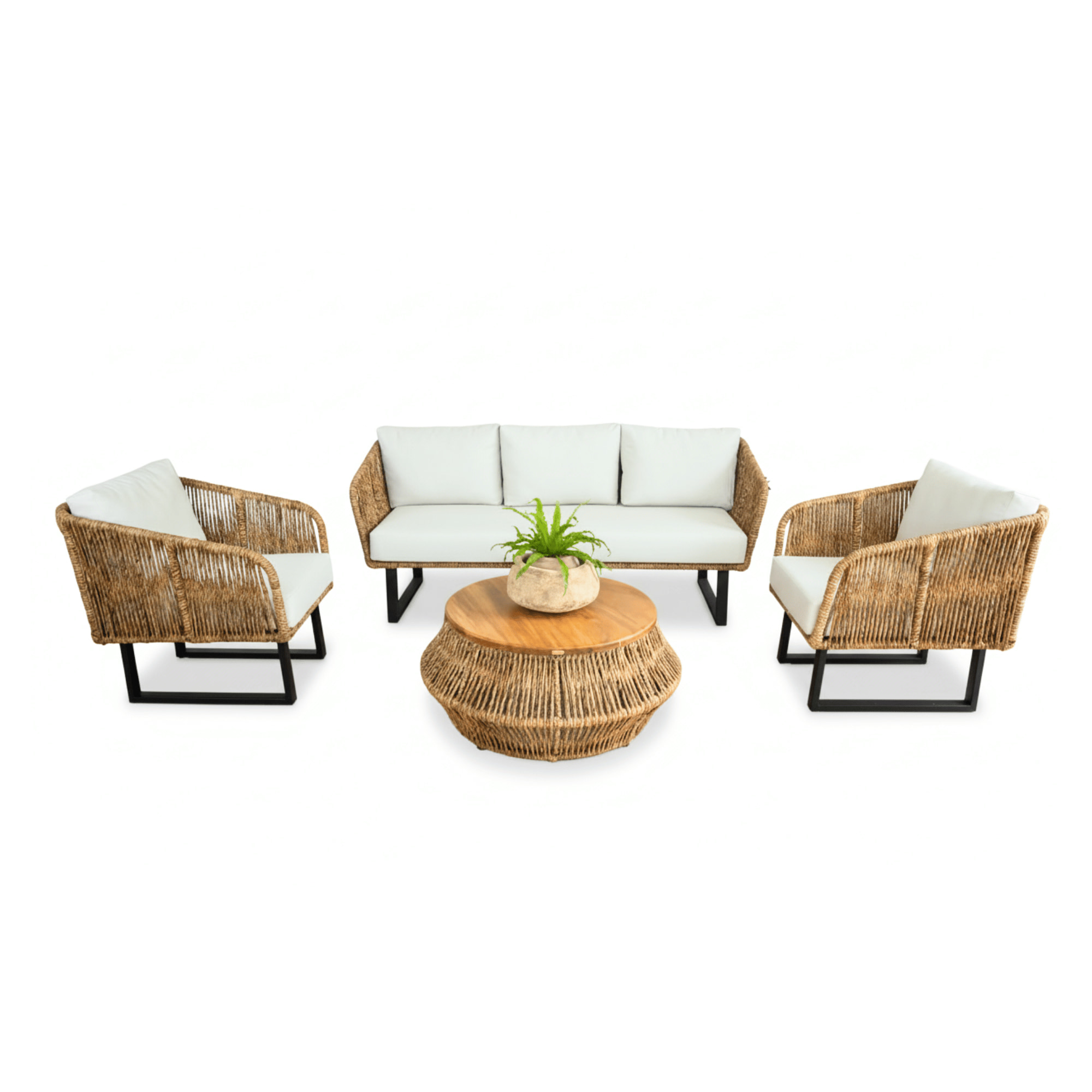 SALA COCÚN TEJIDA CON FIBRA NATURAL CON COJINERÍA BLANCA <br><i><small style="color:grey;">4 Piezas</i></small> - Imagen 6