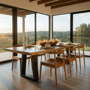 COMEDOR DE MADERA SAMÁN CON BASE METÁLICA