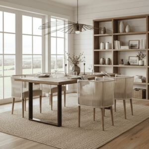 SILLA HERRADURA BEIGE EN TECA Y RATTÁN