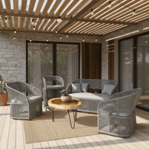 SALA TEJIDA RATTÁN GRIS CON COJINERÍA <br><i><small style="color:grey;">5 Piezas</i></small>