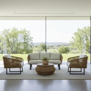 SALA COCÚN TEJIDA CON FIBRA NATURAL CON COJINERÍA BLANCA <br><i><small style="color:grey;">4 Piezas</i></small>