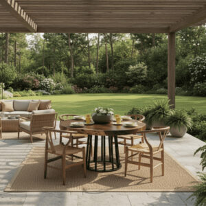 COMEDOR REDONDO SAMÁN CON BASE METÁLICA CÓNICA