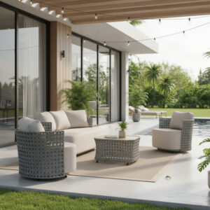 SALA MOMPÓSINO TEJIDO RATTÁN GRIS CON COJINERÍA DE LINO <br><i><small style="color:grey;">4 Piezas</i></small>